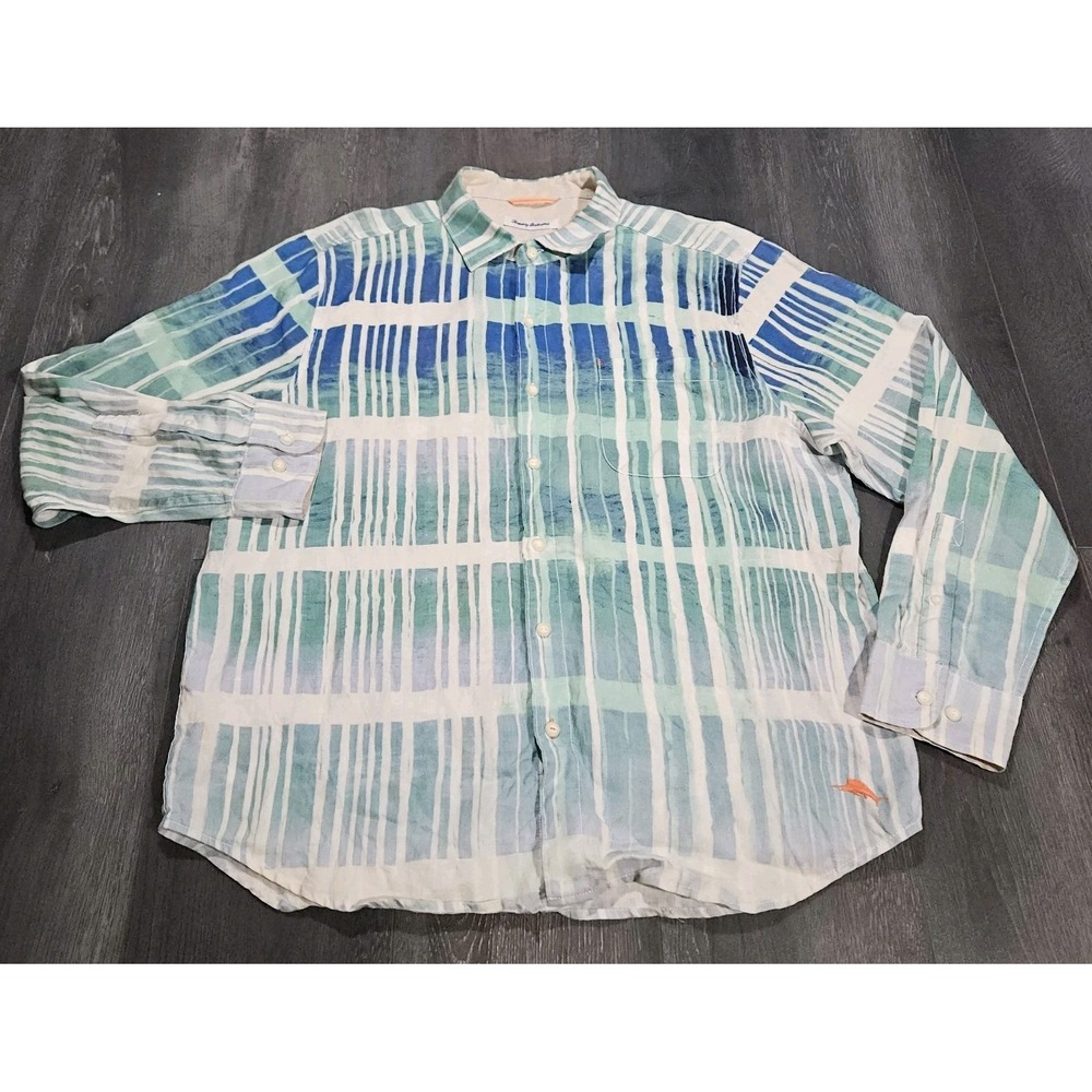 Tommy Bahama 100% Linen Shirt Men L Blue Striped Beach Preppy Boating Yachting